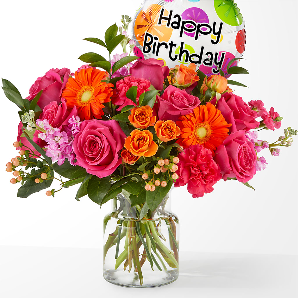 Fiesta Bouquet with Birthday Balloon – MCKNIGHT'S FLOWERSHOPPE INC., Peterborough ON
