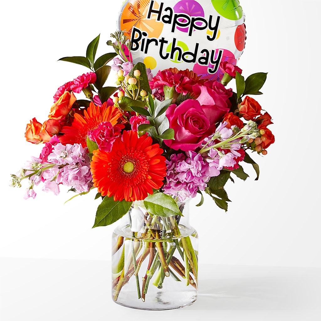 Fiesta Bouquet with Birthday Balloon – MCKNIGHT'S FLOWERSHOPPE INC., Peterborough ON