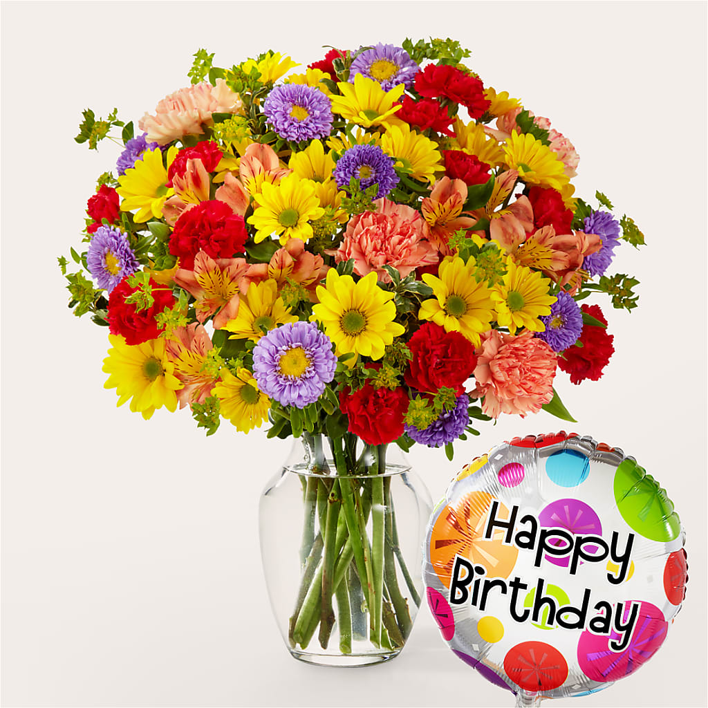 Kaleidoscope Bouquet with Birthday Balloon – MCKNIGHT'S FLOWERSHOPPE INC., Peterborough ON