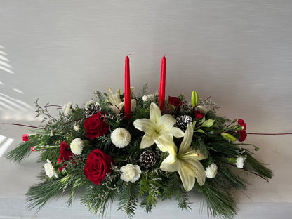 Elegant Christmas long and low centerpiece – MCKNIGHT'S FLOWERSHOPPE INC., Peterborough ON